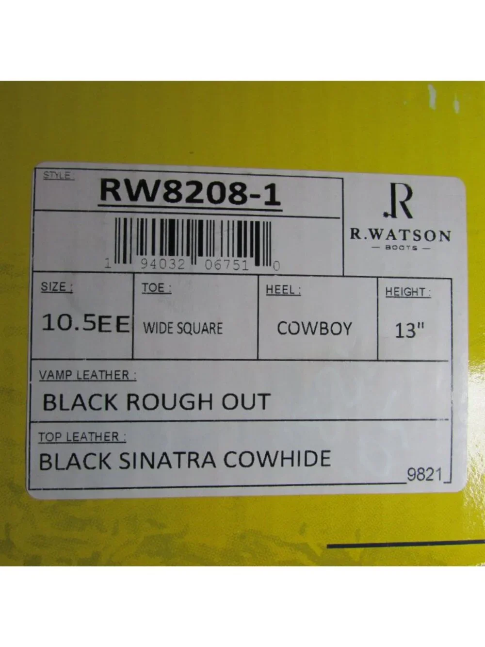 R. Watson Men's 10.5EE Black Cowhide Top Roughout 13